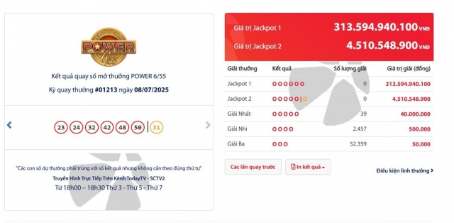 Vietlott 8/7/2025 - Kết quả xổ số Vietlott Power 6/55 ngày 8/7/2025 662352