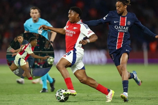 Lewis-Skelly để bóng chạm tay trong vòng cấm, dẫn đến quả phạt đền cho PSG