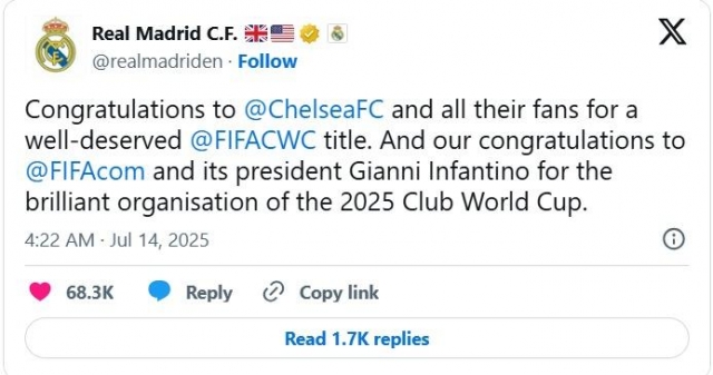 Lời chúc của Real Madrid dành tới Chelsea (Nguồn: X)