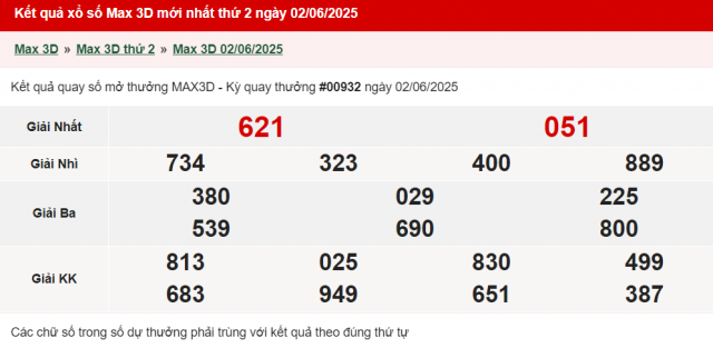 Vietlott 2/6/2025 - Kết quả xổ số Vietlott Max 3D ngày 2/6/2025 643779