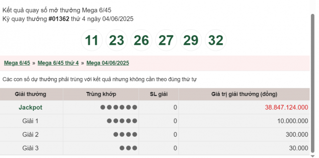 Vietlott 4/6/2025 - Kết quả xổ số Vietlott Mega 6/45 và Max 3D Pro ngày 4/6/2025 644787