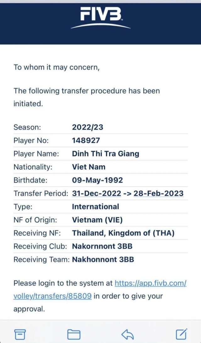 Phụ công bóng chuyền VN - Trà Giang xuất ngoại sang Thái Lan 237043