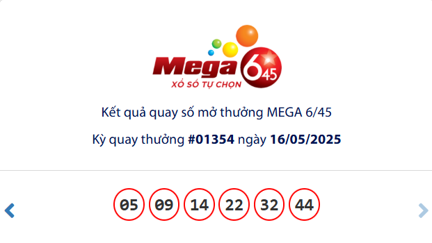 Vietlott 16/5/2025 - Kết quả xổ số Vietlott Mega 6/45 hôm nay 16/5 635763
