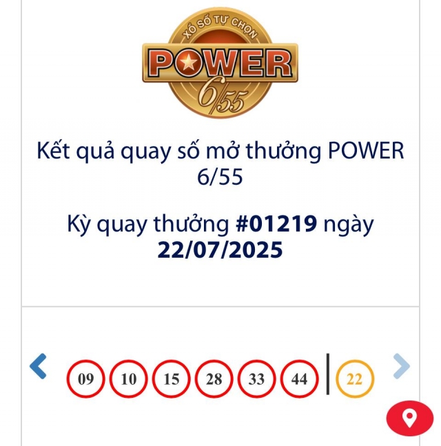 Vietlott 22/7/2025 - Kết quả xổ số Vietlott Power 6/55 ngày 22/7/2025 670056
