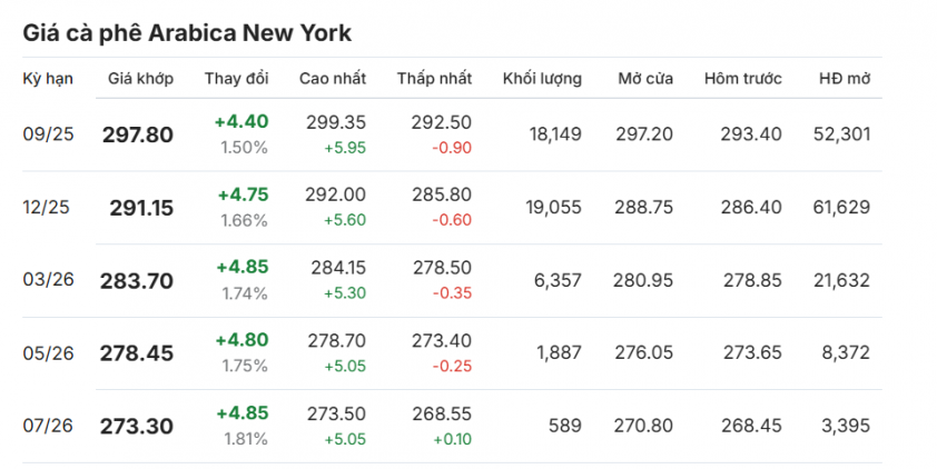 Giá cà phê ngày 8/8/2025: Sắc xanh bao phủ toàn thị trường 680533