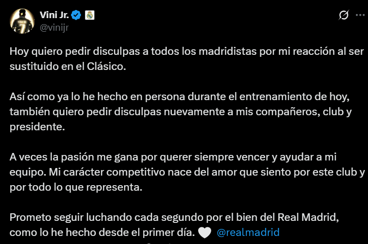 Vinicius công khai xin lỗi cổ động viên sau sự cố tại El Clasico 4 CHÍNH THỨC: Vinicius lên tiếng xin lỗi NHM sau bế bối tại El Clasico 730928