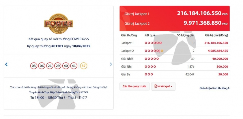 Vietlott 10/6/2025 - Kết quả xổ số Vietlott Power 6/55 và Max 3D Pro ngày 10/6/2025 647845
