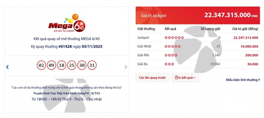 Vietlott 5/11/2025 - Kết quả xổ số Vietlott Mega 6/45 ngày 5/11/2025 735457
