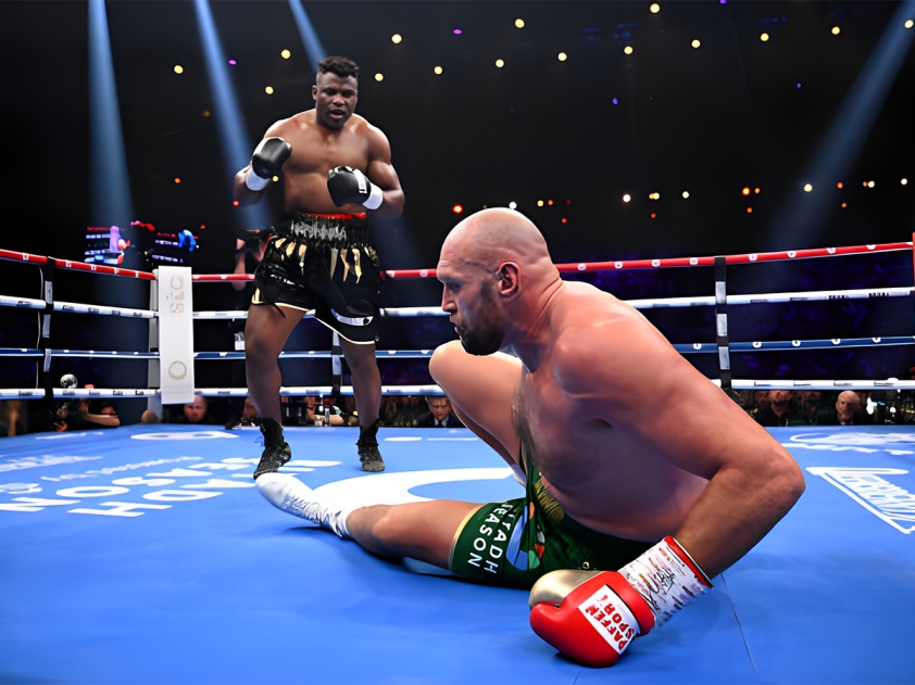 Francis Ngannou (đứng) và Tyson Fury (nằm sàn) tại màn so găng giữa hai bên ở Riyadh, Ả Rập Xê Út ngày 28/10/2023