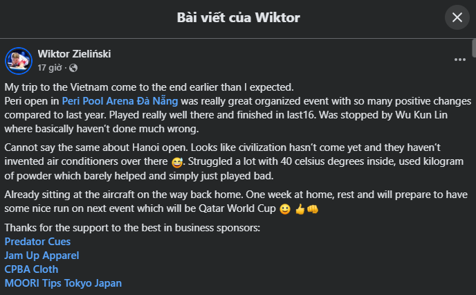 Cơ thủ top đầu billiards thế giới chê Hanoi Open 2025 một điều 719902