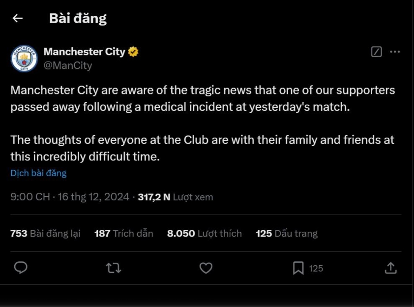 Một CĐV qua đời thương tâm trong trận derby Manchester 2 Man City ra thông cáo khi 1 CĐV qua đời trong trận Derby Manchester 570389