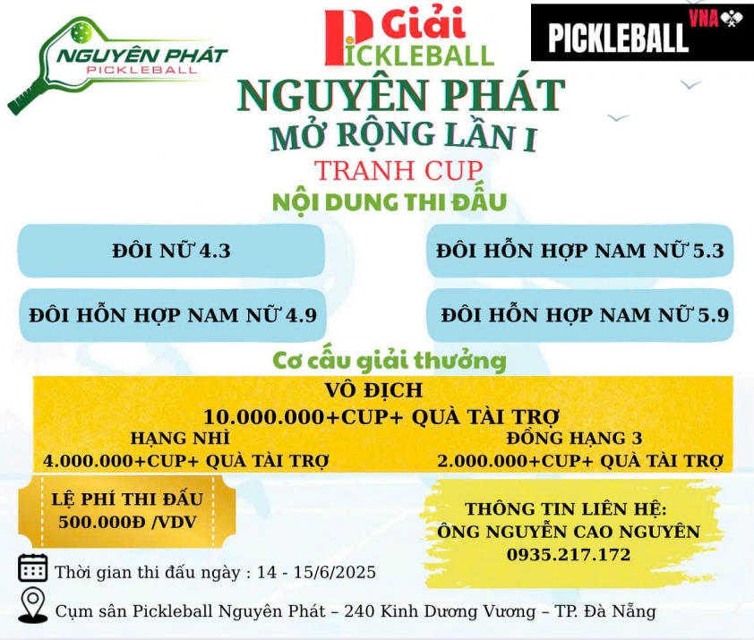 Giải pickleball Nguyên Phát mở rộng lần I: sân chơi hấp dẫn tại Đà Nẵng 638000