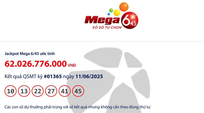 Vietlott 11/6/2025 - Kết quả xổ số Vietlott Mega 6/45 và Max 3D ngày 11/6/2025 648478
