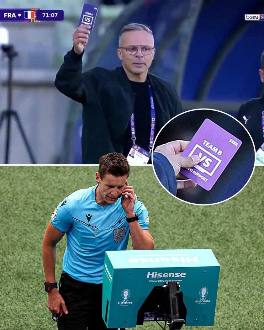 HLV Mohamed Ouahbi của Morocco giơ thẻ tím yêu cầu xem lại pha bóng – Ảnh: beIN Sports.