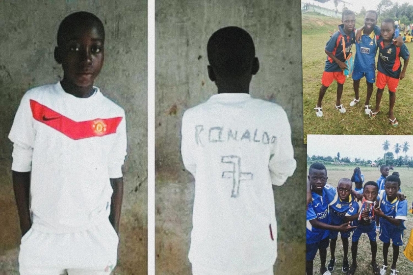 Yan Diomande có một chiếc áo Manchester United giả, rồi tự dùng bút dạ viết “Ronaldo 7” sau lưng