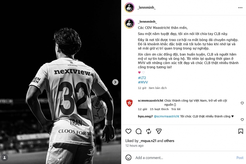 Lenn-Minh Tran đăng tâm thư chia tay CLB Maastricht trên Instagram cá nhân