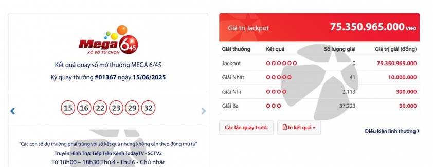 Vietlott 15/6/2025 - Kết quả xổ số Vietlott Mega 6/45 ngày 15/6/2025 650375