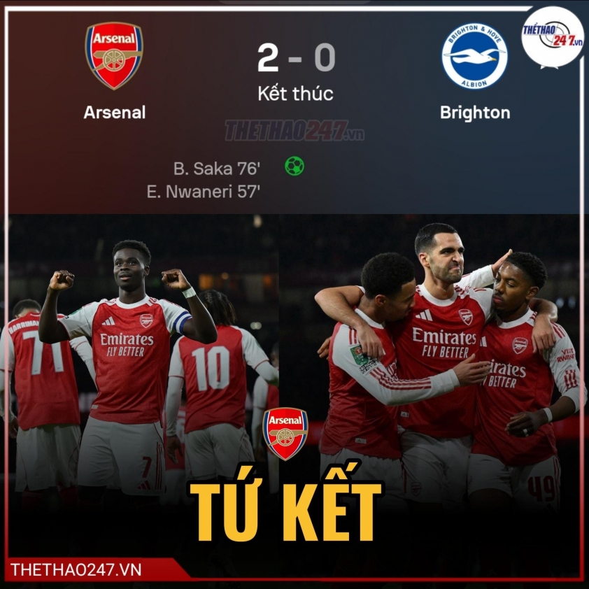 Arsenal thắng nghẹt thở, tiến vào tứ kết Carabao Cup! 5 Kết quả Arsenal vs Brighton: Kịch tính không ngờ 731004