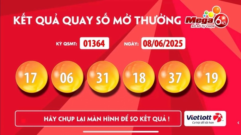 Vietlott 8/6/2025 - Kết quả xổ số Vietlott Mega 6/45 ngày 8/6/2025 646762