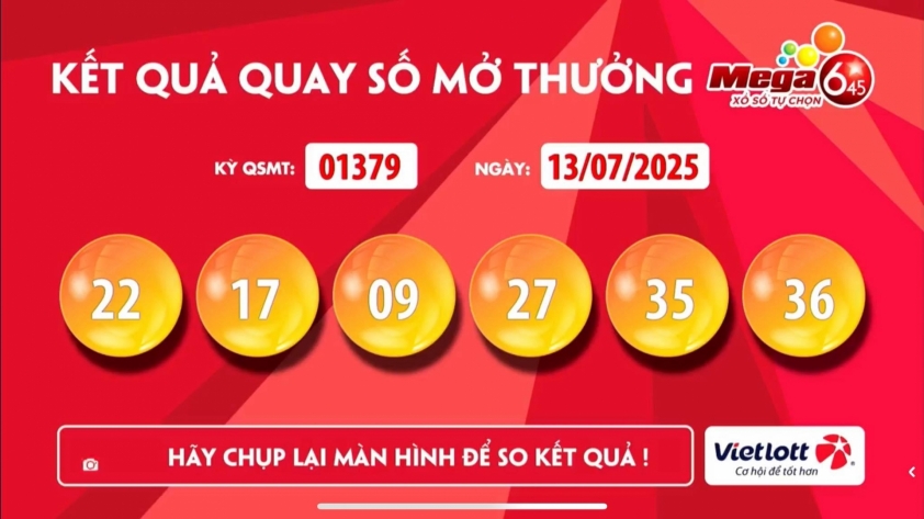 Vietlott 13/7/2025 - Kết quả xổ số Vietlott Mega 6/45 ngày 13/7/2025 664872