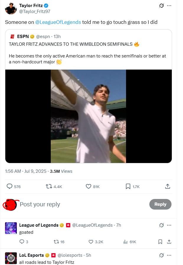 Taylor Fritz hé lộ LMHT là động lực giúp mình lọt vào Bán kết Wimbledon 2025 662689