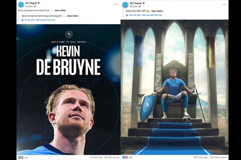Những bài viết về De Bruyne của Napoli có lượt tương tác gấp 5 lần các bài viết khác của chính họ, dù thời gian đăng chưa đến 1 giờ.
