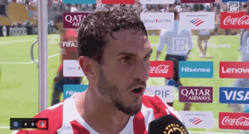 Đội trưởng Atletico Madrid bức xúc sau trận đấu. Ảnh: DAZN