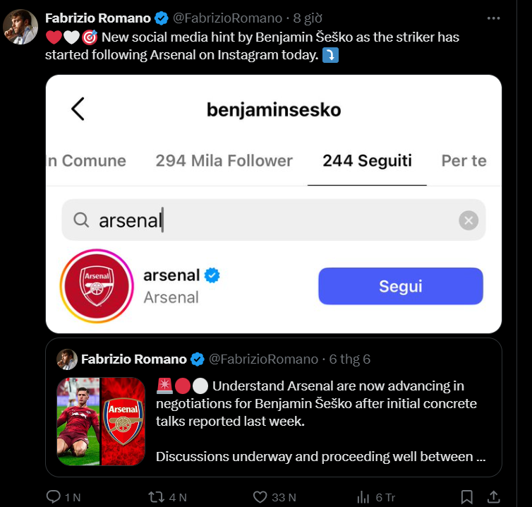 Sesko đã ấn theo dõi Arsenal trên MXH