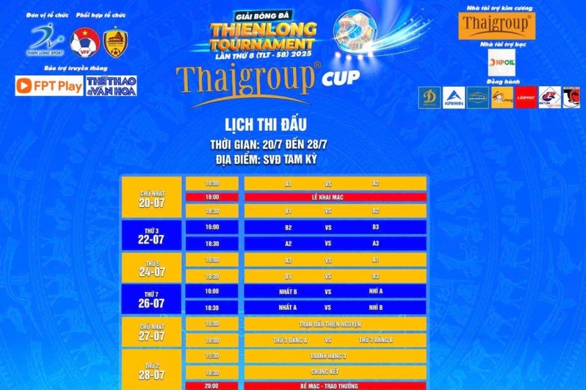 Lịch thi đấu Giải Bóng đá Thiên Long Tournament TLT-S8 2025 Cup Thaigroup.
