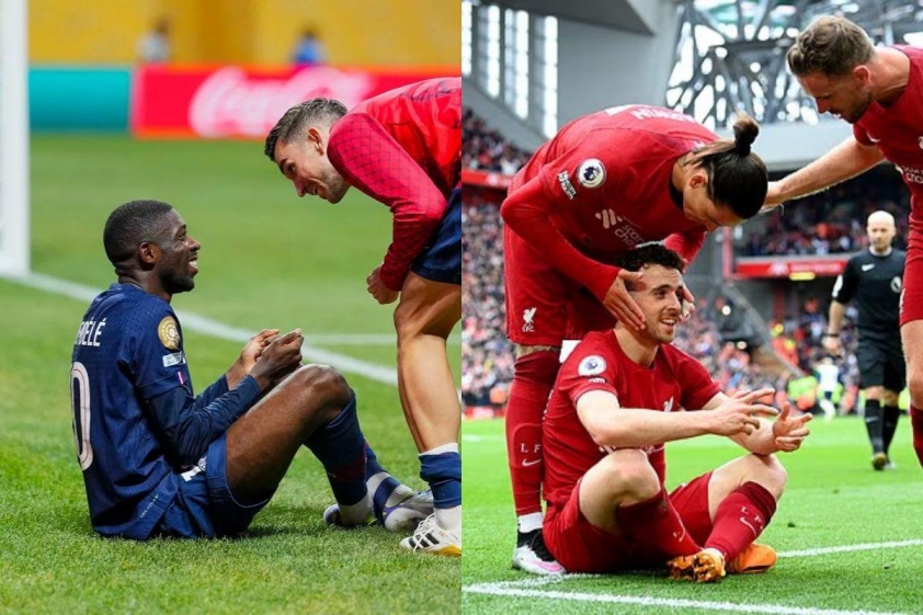 Dembele thực hiện lại màn ăn mừng mang tính biểu tượng của Diogo Jota (Ảnh: Dailymail).