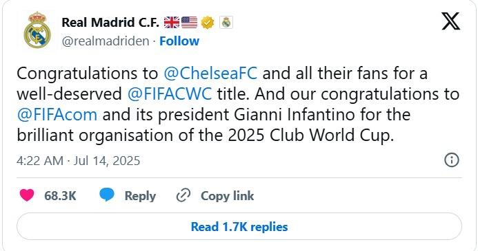Chelsea lên ngôi vô địch Club World Cup, Drogba gửi tâm tư cảm xúc 6 Lời chúc của Real Madrid dành tới Chelsea (Nguồn: X)