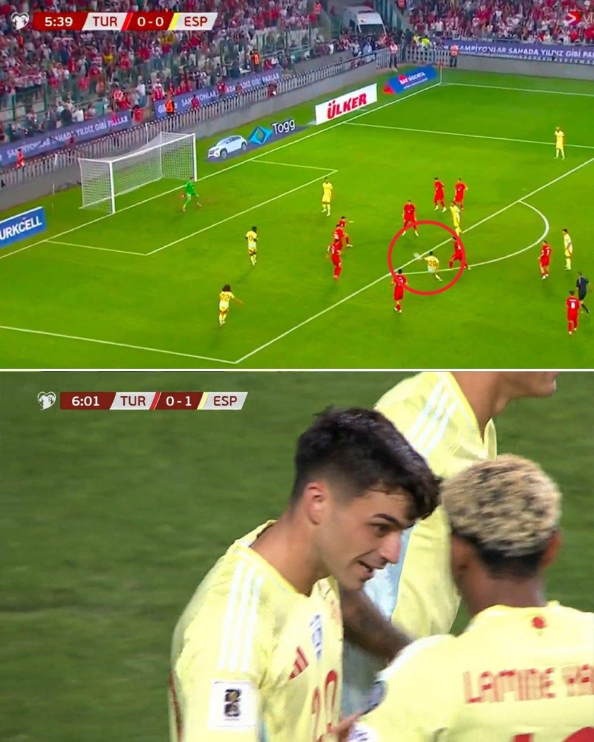 Pedri đi bóng khéo léo, trước khi dứt điểm mở tỷ số cho Tây Ban Nha (Ảnh: ESPN).