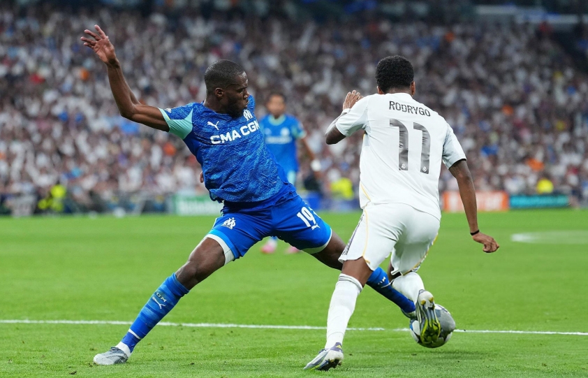 Rodrygo thi đấu nỗ lực trước Marseille. (Ảnh: Nền tảng X)