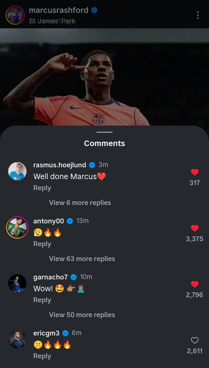 Các cầu thủ thuộc “đội bom” của Manchester United đã nhanh chóng gửi lời chúc mừng đến Marcus Rashford (Ảnh: IG)