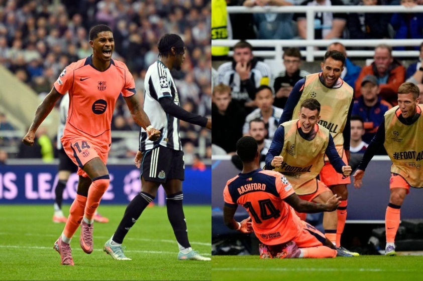 Rashford không giấu được sự hạnh phúc khi ghi cú đúp cho Barca tại C1 (Ảnh: X).
