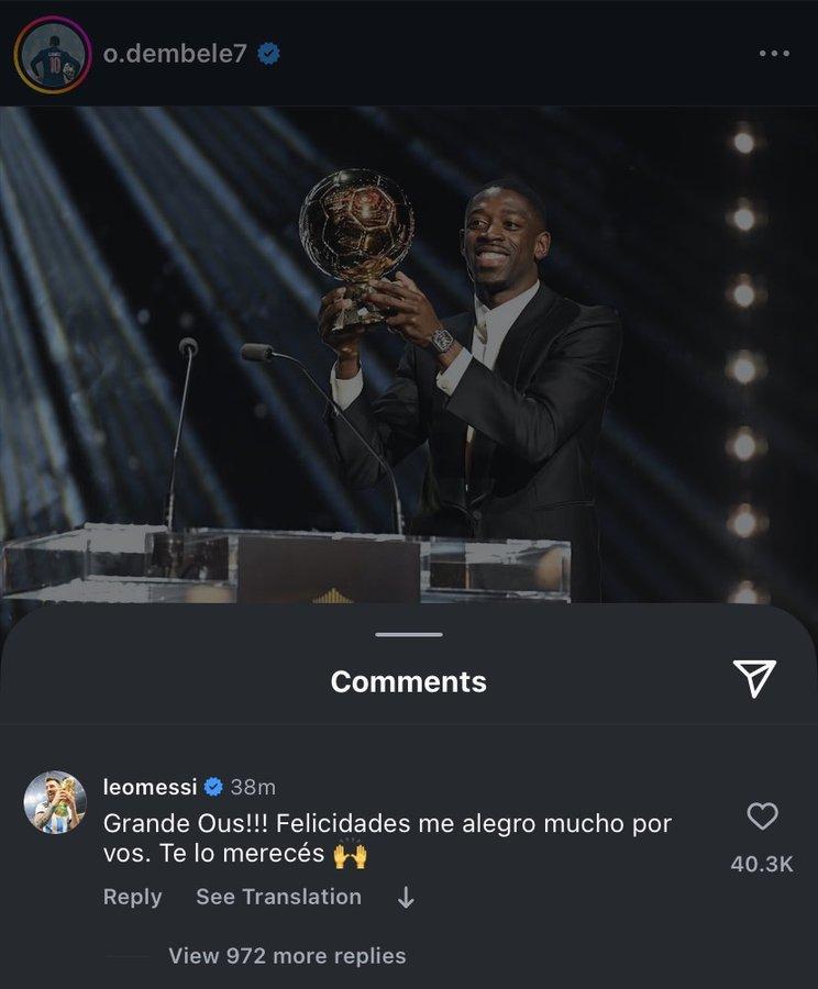 Lionel Messi chúc mừng Dembele trên Instagram (Ảnh: X).