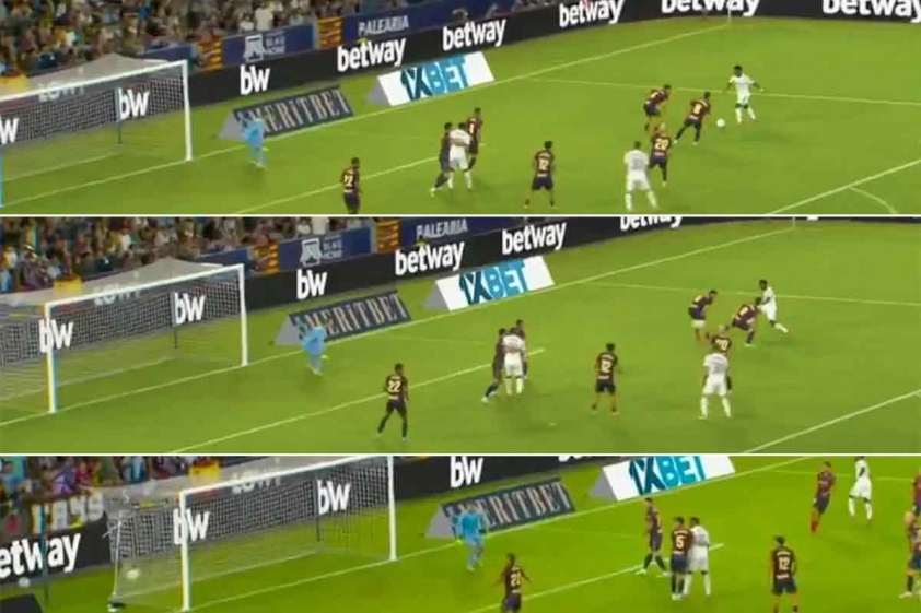 Vinicius và siêu phẩm bằng trivela trước Levante (Ảnh: Tribuna).