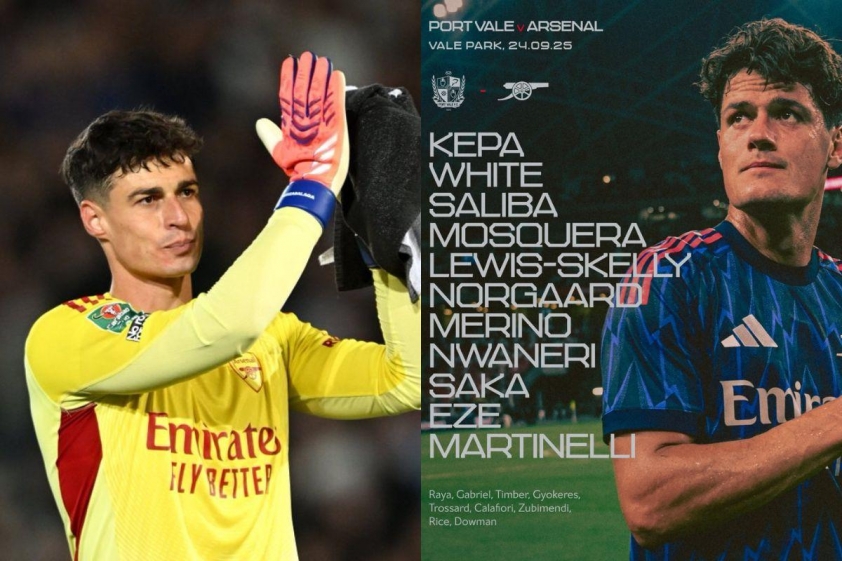 Thủ môn Kepa và Norgaard có lần đầu đá chính cho Arsenal (Ảnh: X).