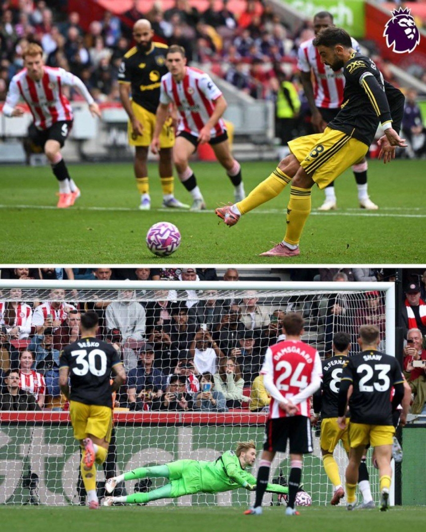 Thủ môn của Brentford đã cản phá thành công quả phạt đền của Bruno (Ảnh: X).