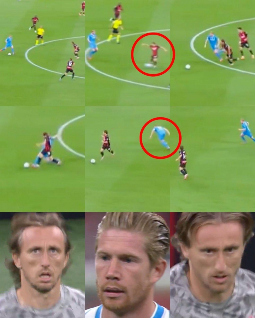 Tình huống Modric chặn bóng và giành chiến thắng trong pha tranh chấp với Kevin De Bruyne (Ảnh: X).