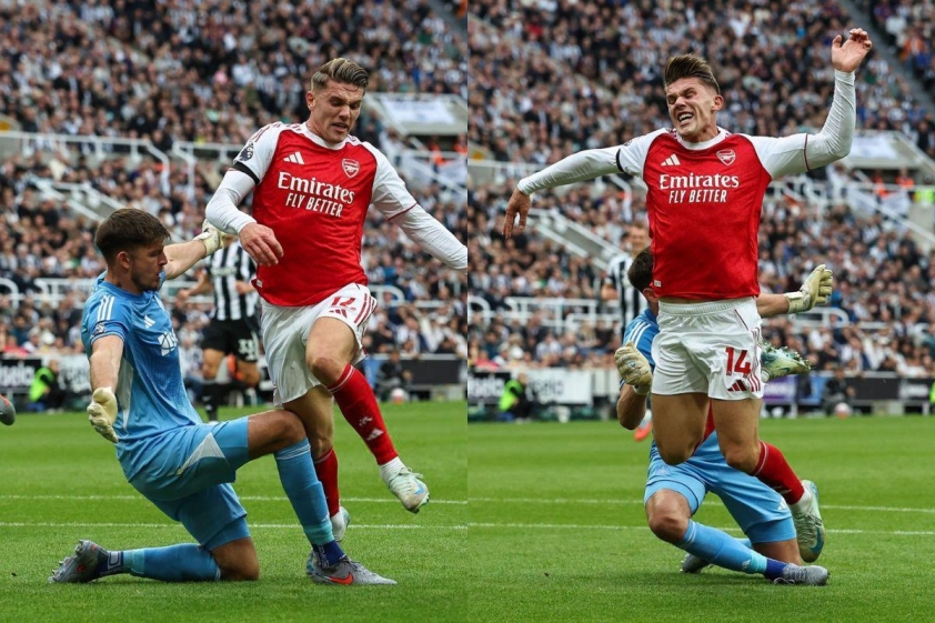 "Bukayo Saka: 'VAR luôn bất lợi cho Arsenal'" 6 Nick Pope va chạm với Gyokeres trong vòng cấm (Ảnh: X).