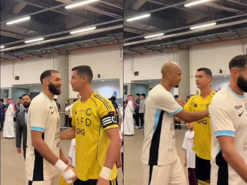 Ronaldo chào hỏi Benzema và Fabinho. (Ảnh: Nền tảng X)