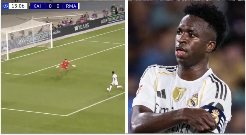 Vinicius bỏ lỡ khó tin ở phút 14, khi đối mặt 1v1 với thủ môn đối phương (Ảnh: Tribuna).