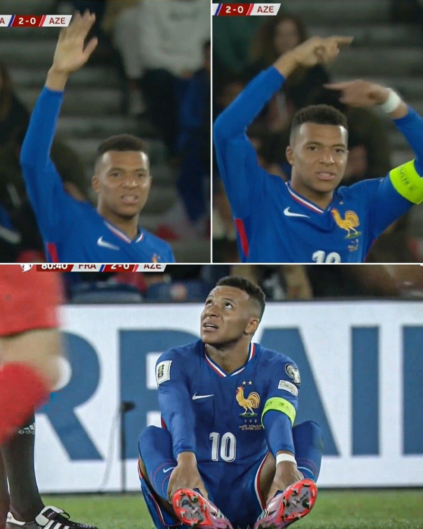 Mbappe đã yêu cầu rời khỏi trận đấu với Azerbaijan sau khi có biểu hiện khó chịu ở chân. (Ảnh: ESPN).