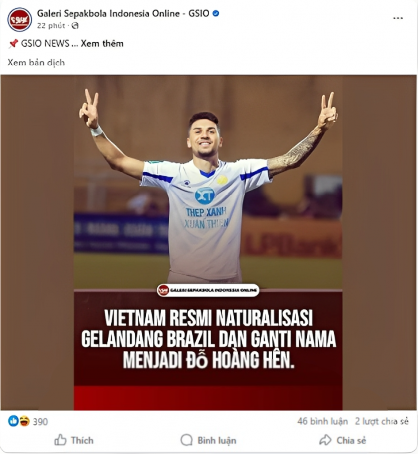 Truyền thông Indonesia ấn tượng với Hoàng Hến, chỉ ra một điều quan trọng 4 Trang GSIO của Indonesia đưa tin rất nhanh chóng về trường hợp của Hoàng Hên. (Ảnh: CMH)