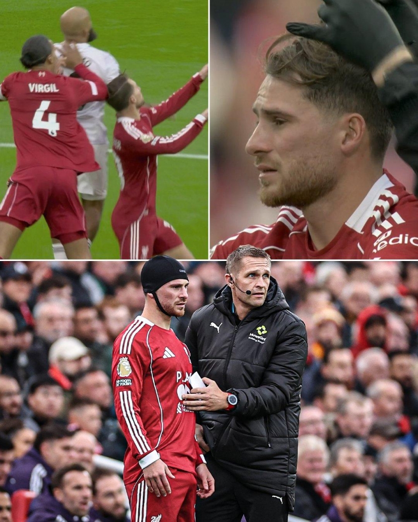Van Dijk vô tình va cùi chỏ vào đầu của Mac Allister, khiến cầu thủ mang áo số 10 phải đội mũ bảo vệ đầu (Ảnh: ESPN).