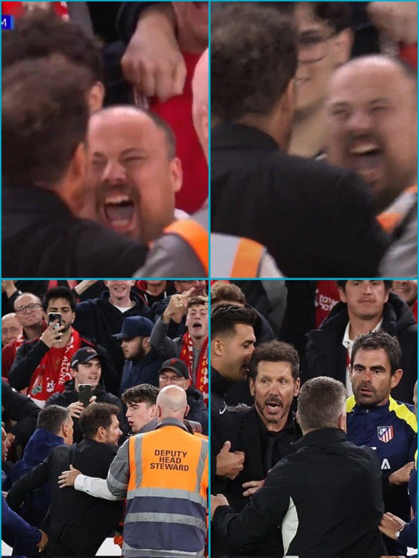 Va chạm nảy lửa của Simeone với CĐV Liverpool trước đó. (Ảnh: SiaranBolaLive)