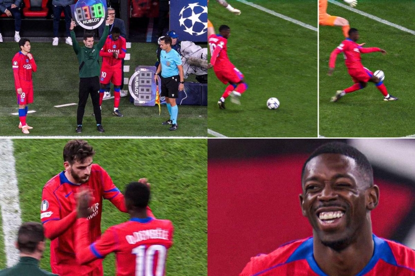 Dembele ghi bàn chỉ 3 phút sau khi vào sân thay Kvaratskhelia (Ảnh: Ligue 1 English).