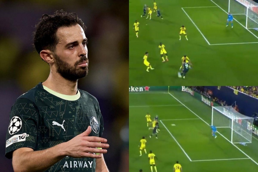 Bernardo Silva đánh đầu ghi bàn cho Man City sau pha tạt bóng của Savinho.