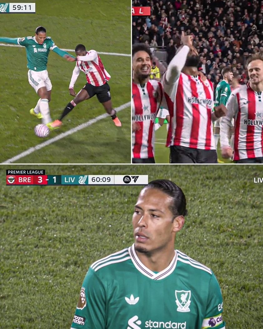 “Liverpool rúng động sau chuỗi thua liên tiếp” 4 Van Dijk phạm lỗi trong vòng cấm, dẫn đến bàn thắng thứ 3 cho Brentford (Ảnh: ESPN).